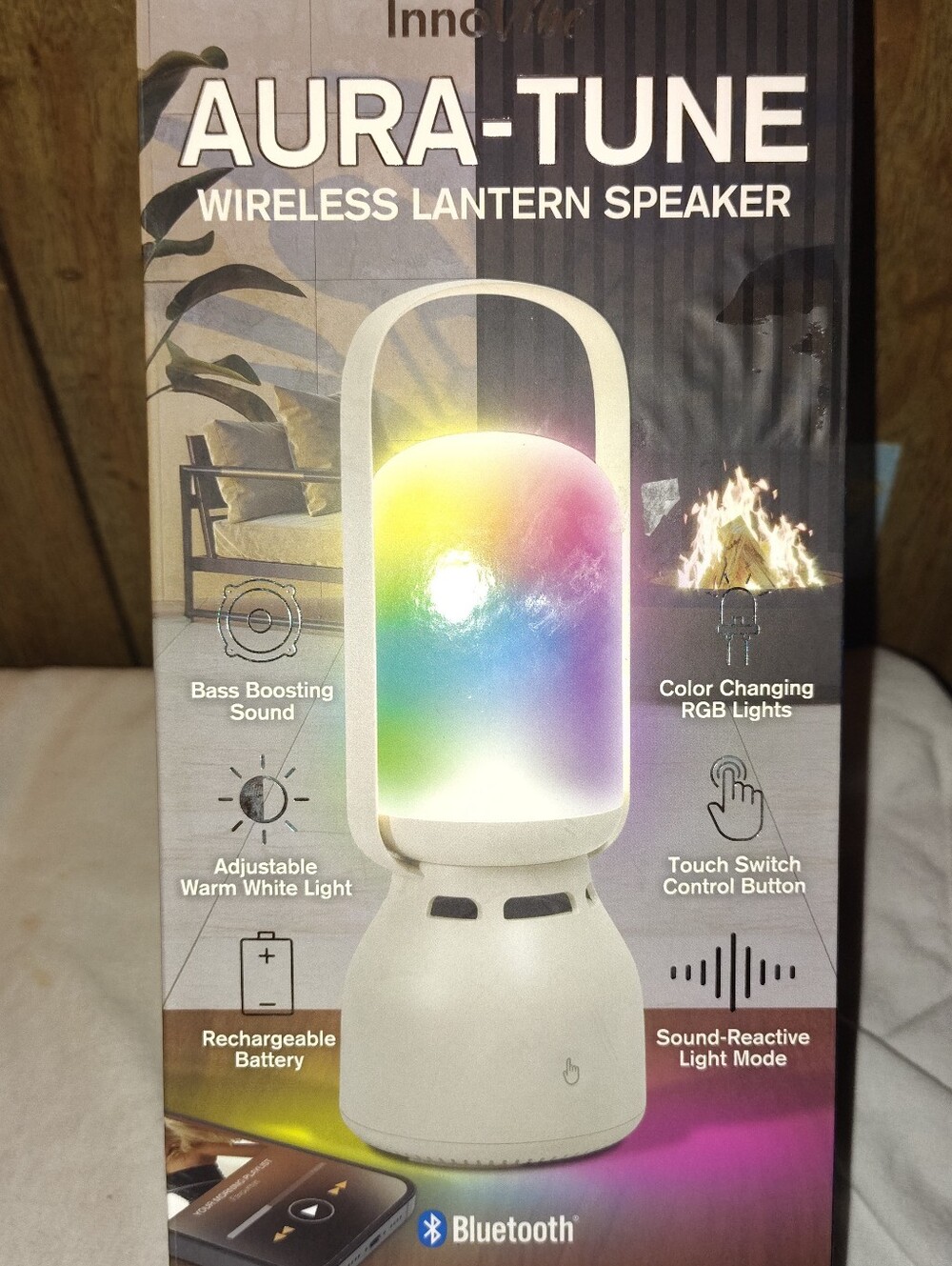 Aura-Tune White Wireless Lantern Speaker with RGB Lights
